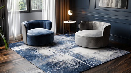 Wall Mural - A modern transitional rug featuring a bold abstract design in deep blue, gray, and white tones, laid across a dark hardwood floor.