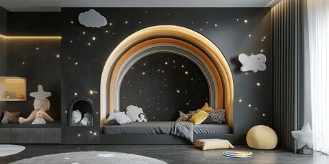 Canvas Print - modern black and grey kids room design with transparent rainbow decoration and stars scattered in the wall 