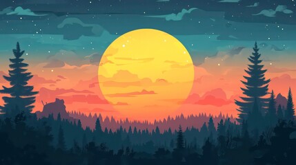 Wall Mural - a large yellow sun sets over a silhouette of a forest with a blue and pink sky.