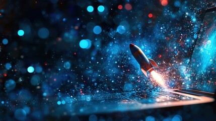 Poster - Digital concept of a space rocket soaring from a laptop, illustrating rapid advancements in tech, creativity, and exploration