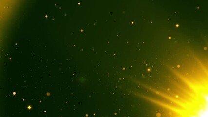 Wall Mural - Golden dust particles and light rays on a dark green background.