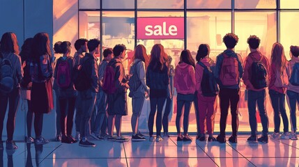 Canvas Print - A group of people in a crowd are waiting on the street for a store with discounts and sales to open