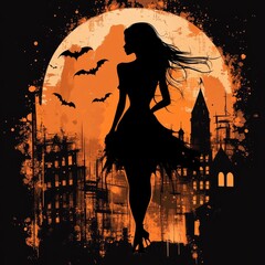 Silhouette of a woman against a spooky orange moon at night