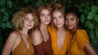 ©  Shomixer - A group of young women are joyfully posing together, adorned in warm-toned dresses surrounded by lush greenery, representing friendship and unity amid a natural setting.
