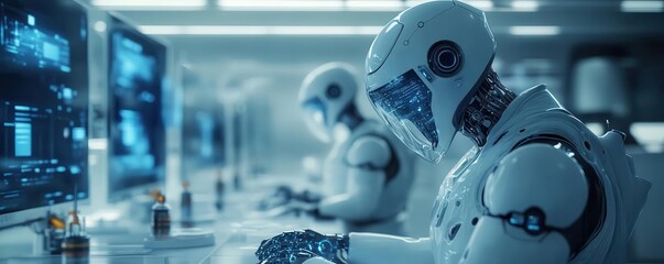 Futuristic robots working on computers in a high-tech laboratory environment.
