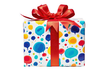 Colorful gift box with a red bow on a white background, perfect for celebrations and special occasions.