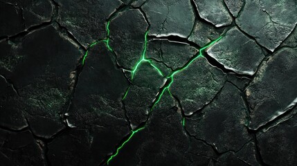 Wall Mural - A textured surface with cracks highlighted by glowing green lines.