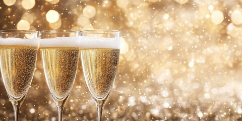 Festive Champagne Flutes with Golden Glitter Background New Year Celebration