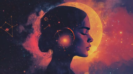 Wall Mural - a woman's silhouette with closed eyes, bathed in a cosmic glow, is surrounded by a swirling nebula, 