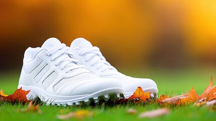 White Sneakers on Grass with Autumn Leaves