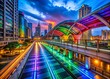© Nopparat - Vibrant Night Scene of Sky Walkway at Electric Train Station in Bangkok