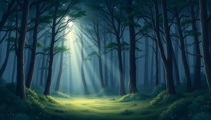 The light rays through the fog among the trees on the night forest glade. Fairytale magic background isolated with white highlights, png