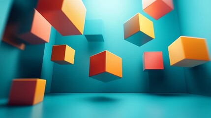 Colorful cubes floating in a blue room with a bright light shining from above.