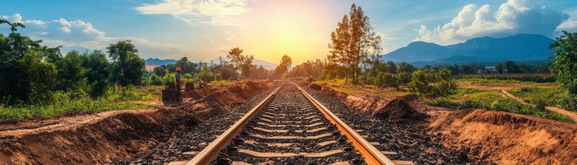 Railroad tracks leading towards a distant sunset in a rural landscape.