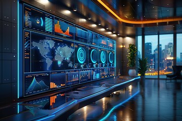 Poster - A corporate office with a large screen showing financial data, space for text