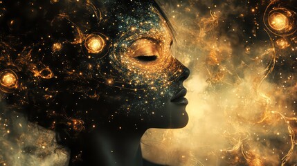 Wall Mural - a woman's face is surrounded by a swirling nebula of stars and light, creating an ethereal and mysti