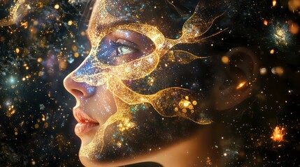 Wall Mural - a woman's face is half-covered by a golden mask with a swirling nebula pattern, against a backdrop o