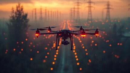 Poster - A drone soars above a power line corridor during sunset, capturing a vibrant array of lights below while dusk settles over the landscape.