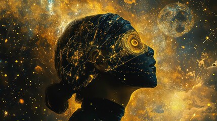 Wall Mural - a woman's face with a digital overlay and a cosmic backdrop.