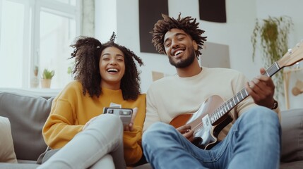 Two young adults enjoying a cozy afternoon at home, laughing and playing guitar together while sitting on a comfortable sofa