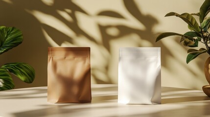 Mockup of two coffee bags, one brown and one white, placed neatly on a table, ideal for product display