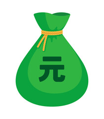 Green money bag with a yuan (renminbi) sign and brown rope tie. Economy, finance, wealth, profit, income, Chinese currency (CNY) concept. Flat vector illustration isolated on a white background