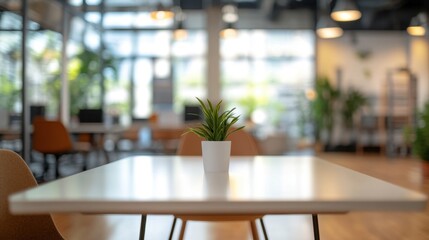 Poster - Modern office interior with glass walls, blurred background, and white table in focus, showcasing minimalism and openness