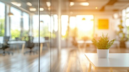 Poster - Modern office interior with glass walls, blurred background, and white table in focus, showcasing minimalism and openness