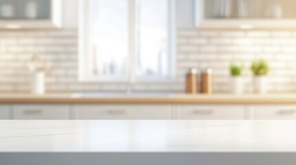 Modern white kitchen with an empty countertop in focus and a blurred background, providing space for product placement and advertising