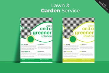 Wall Mural - Flyer design template for lawn and gardening services. Design of a poster leaflet for gardening and tree services. Template for lawnmower flyers