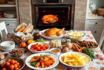 Thanksgiving Feast Preparation Table laden with ingredients for