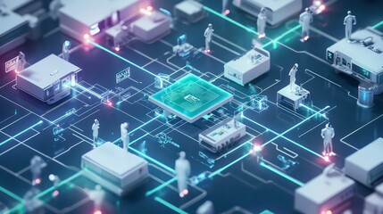 Poster - A 3D illustration of a futuristic city with glowing lines connecting buildings and people, symbolizing the interconnectedness of technology and society.