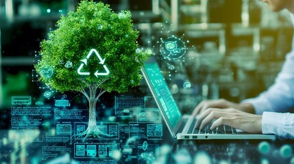 Eco-App Development: A developer coding on a laptop, with a tree icon integrated into the app interface. The scene conveys innovation and environmental consciousness. 