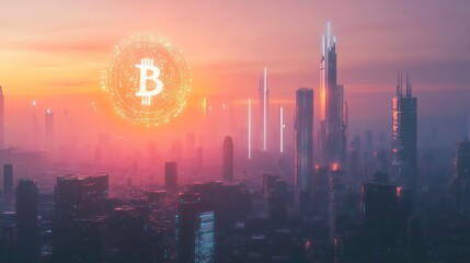 Wall Mural - a glowing bitcoin symbol hovers over a futuristic cityscape at sunrise.