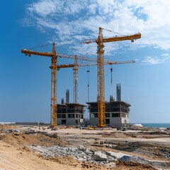 Construction site featuring two tall cranes near the coastline, with buildings under construction and a clear blue sky.