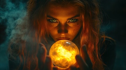 A young woman with red hair and green eyes stares intently at a glowing orb in her hands, smoke swirling around her.