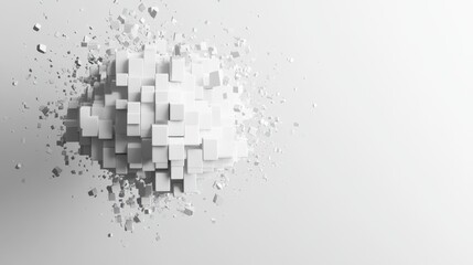 Poster - White 3D pixel brain slowly decaying, breaking apart into smaller cubes on a soft gradient background, symbolizing digital disintegration