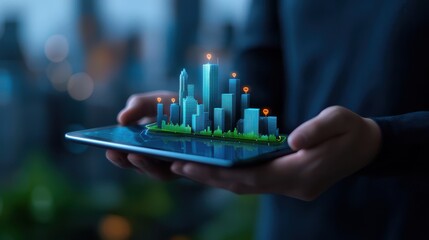 Digital Cityscape on Tablet Screen   Futuristic Urban Planning Concept