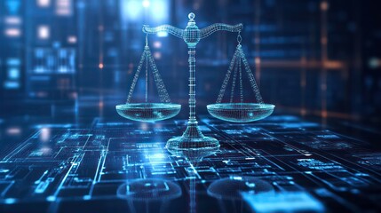 Wall Mural - a digital scales of justice stands on a circuit board, symbolizing the intersection of law and techn