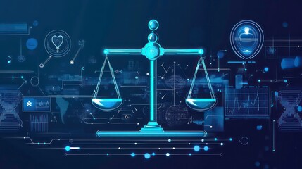 Poster - A glowing blue scale of justice with a world map, medical symbols, and digital circuitry in the background.