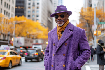 Stately Afro-American man in purple stylish coat and hat on the street of a modern city.