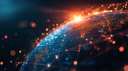 Poster - A glowing, abstract depiction of the Earth, with a network of connections emanating from it, symbolizing global connectivity and communication.