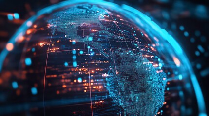 Poster - A 3D rendering of a futuristic, digital globe with glowing blue lines and orange data points, representing global connectivity and information flow.