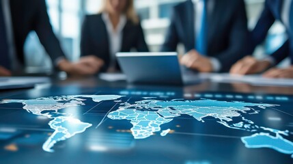 Poster - A group of business professionals working on a table with a world map hologram overlay.