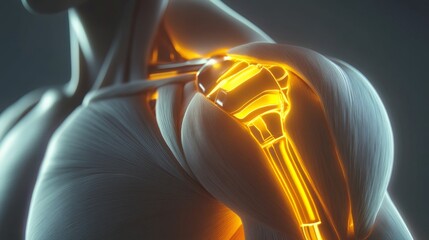 Leinwandbilder - A close-up look at the shoulder joint reveals illuminated muscles and skeletal structure, emphasizing human anatomy and showcasing the intricacies of the shoulder area in a dramatic lighting effect.