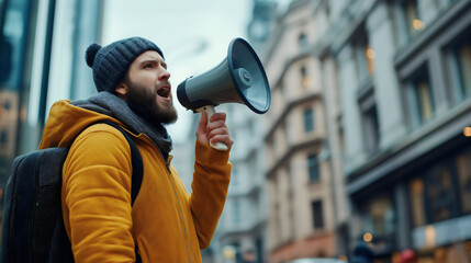 Man holding a megaphone during a street protest, young activist in the city, leading a demonstration and raising his voice in support of social justice, speech community and society