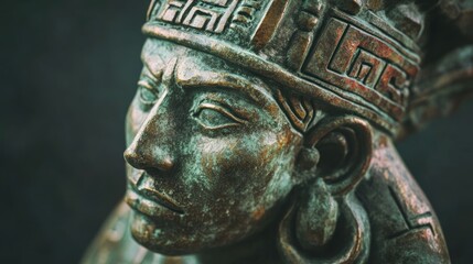 A close-up of an ancient bronze sculpture depicting a figure, showcasing intricate details.