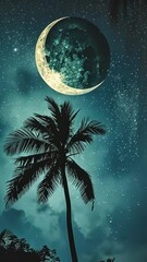Wall Mural - Palm tree silhouette under crescent moon and