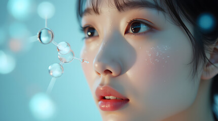 Wall Mural - a beauty with hydrating molecular structure and refreshing water droplets on the face