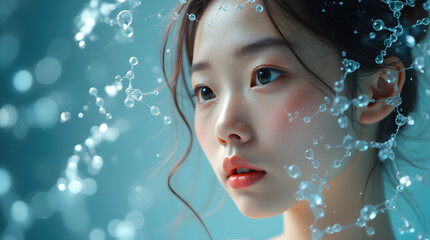 Wall Mural - a beauty with hydrating molecular structure and refreshing water droplets on the face